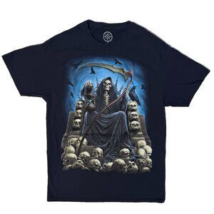 Y2K Skeleton Grim Reaper Skull Throne Horror Black Crow Tshirt - M